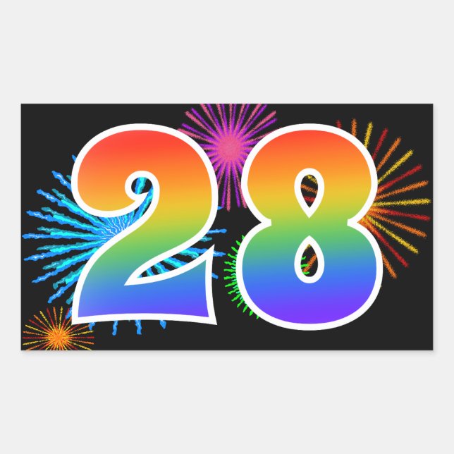 Sticker Rectangulaire Feu d'artifice amusant + motif arc-en-ciel Numéro  (Devant)
