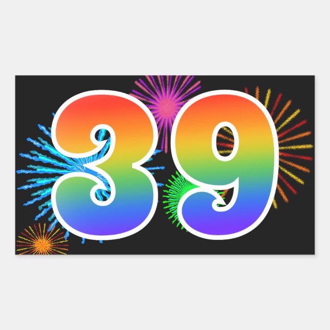 Sticker Rectangulaire Feu d'artifice amusant + motif arc-en-ciel Numéro  (Devant)