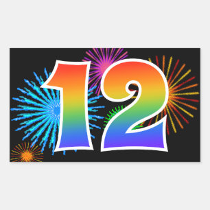 Sticker Rectangulaire Feux d'artifice amusants + Motif arc-en-ciel "12"