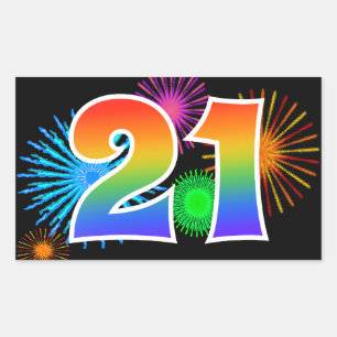 Sticker Rectangulaire Feux d'artifice amusants + Motif arc-en-ciel "21" 