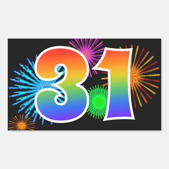 Sticker Rectangulaire Feux d'artifice amusants + motif arc-en-ciel « 31  (Devant)