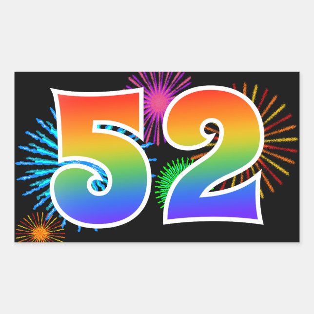 Sticker Rectangulaire Feux d'artifice amusants + Motif arc-en-ciel "52"  (Devant)