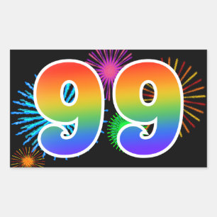 Sticker Rectangulaire Feux d'artifice amusants + Motif arc-en-ciel "99"