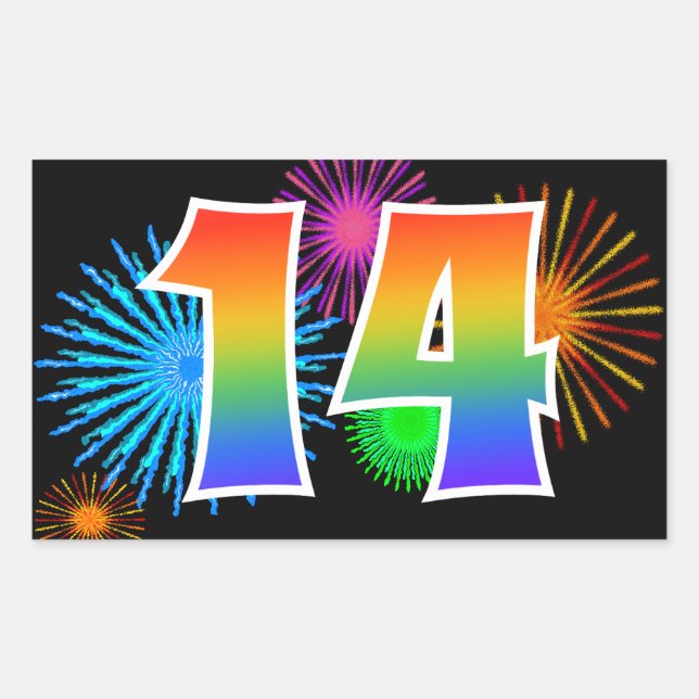 Sticker Rectangulaire Feux d'artifice amusants + motif arc-en-ciel Numér (Devant)