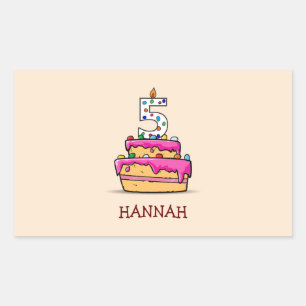 Sticker Rectangulaire Fille 5e anniversaire, 5 sur Gâteau rose doux
