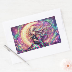 Sticker Rectangulaire Fille Lune Croissant Dormir Avec Chat Noir