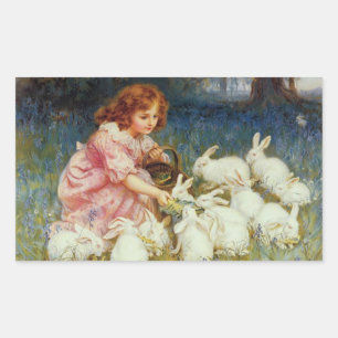 Sticker Rectangulaire Fille nourrissant des lapins