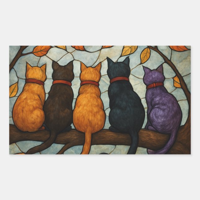 Sticker Rectangulaire Five Cats on a Tree Branch Stained Glass Style (Devant)