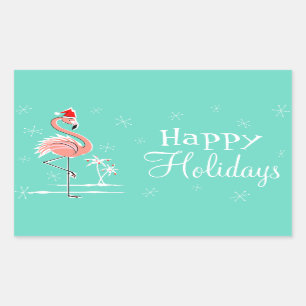 Sticker Rectangulaire Flamant rose de Noël Joyeux rectangle des Fêtes