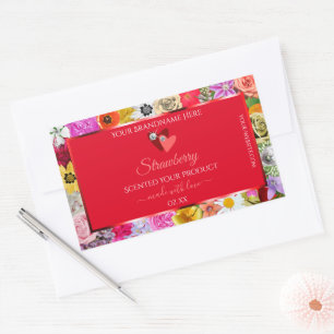 Sticker Rectangulaire Fleurs colorées Cadre Rouge Produit Coeurs Étiquet