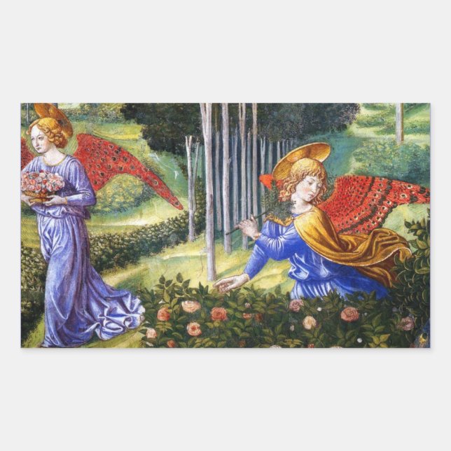 Sticker Rectangulaire Fleurs de rassemblement d'anges dans un paysage cé (Devant)