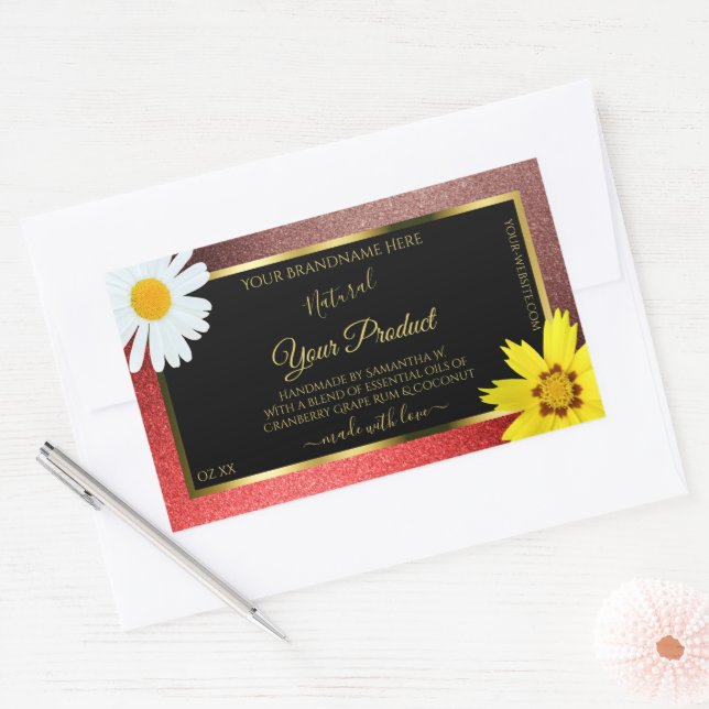 Sticker Rectangulaire Floral Bourgogne rouge Parties scintillant noir Ét (Enveloppe)