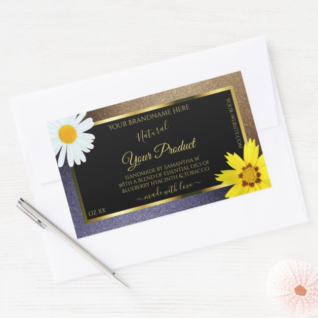 Sticker Rectangulaire Floral Brown et Parties scintillant bleue Étiquett (Enveloppe)