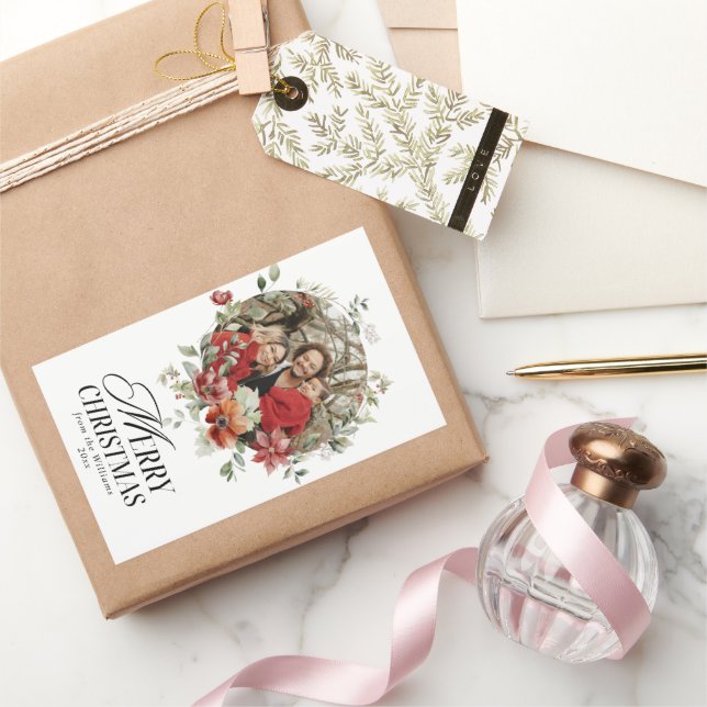 Sticker Rectangulaire Floral Elegant Aquarelle Joyeux Noël Photo (Cadeaux)