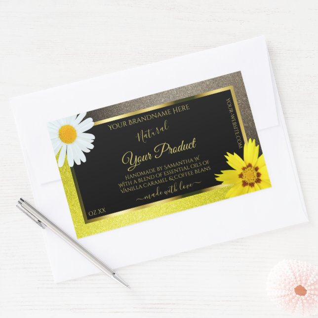 Sticker Rectangulaire Floral Jaune Brown Parties scintillant Noir Étique (Enveloppe)