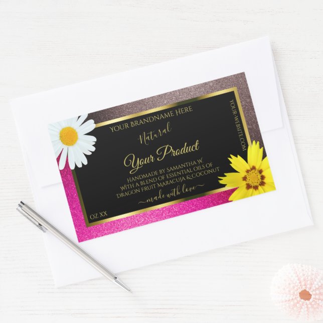 Sticker Rectangulaire Floral rose Bourgogne Parties scintillant noir Éti (Enveloppe)