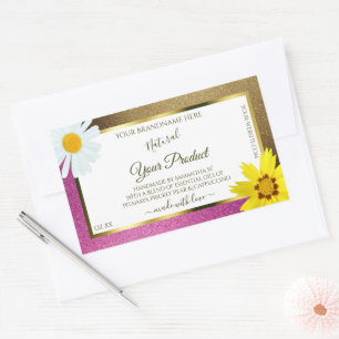 Sticker Rectangulaire Floral rose et Parties scintillant or blanc Étique