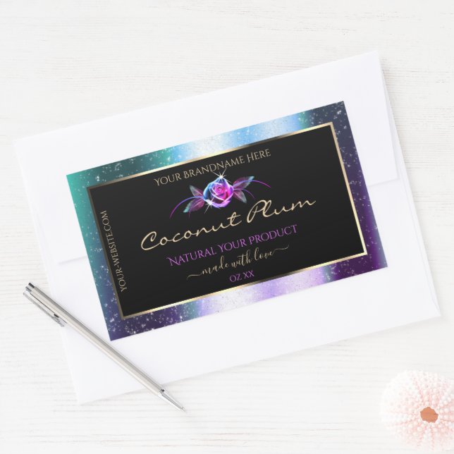 Sticker Rectangulaire Floral Turquoise Parties scintillant violet noir É (Enveloppe)