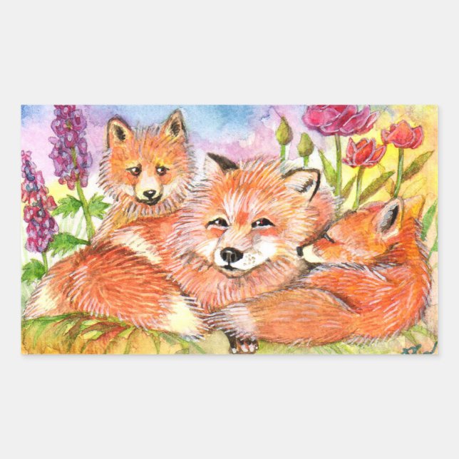 Sticker Rectangulaire Foxes dans le patch de fleurs (Devant)