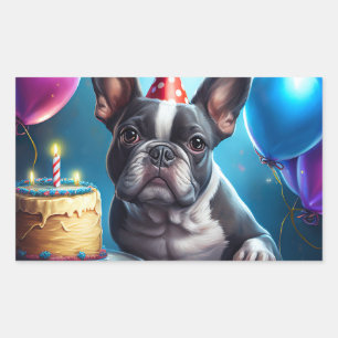 Sticker Rectangulaire Frenchie Birthday Bash : Un mignon Bulldog françai