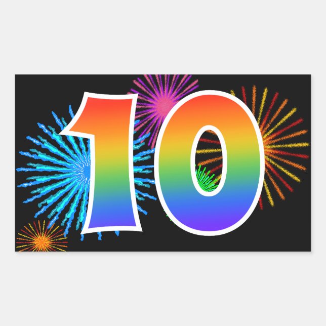 Sticker Rectangulaire Fun Fireworks + Rainbow Motif "10" Numéro d'événem (Devant)