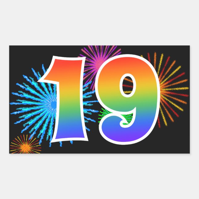 Sticker Rectangulaire Fun Fireworks + Rainbow Motif "19" Numéro de l'évé (Devant)