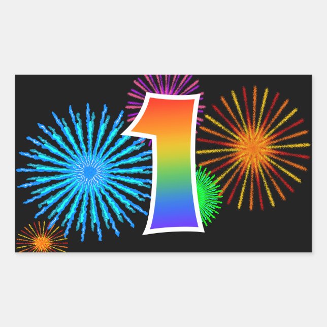 Sticker Rectangulaire Fun Fireworks + Rainbow Motif "1" Numéro d'événeme (Devant)