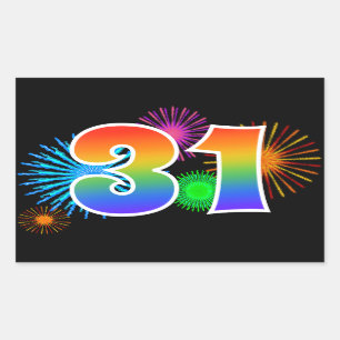 Sticker Rectangulaire Fun Fireworks + Rainbow Motif "31" Numéro d'événem