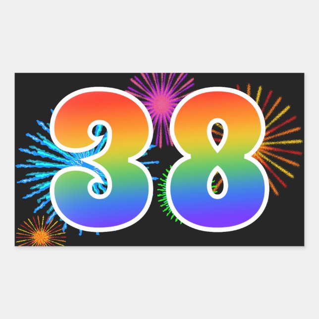 Sticker Rectangulaire Fun Fireworks + Rainbow Motif "38" Numéro de l'évé (Devant)