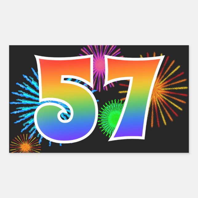 Sticker Rectangulaire Fun Fireworks + Rainbow Motif "57" Numéro d'événem (Devant)