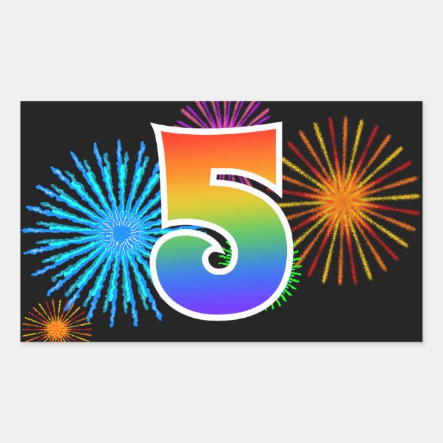 Sticker Rectangulaire Fun Fireworks + Rainbow Motif "5" Numéro d'événeme (Devant)