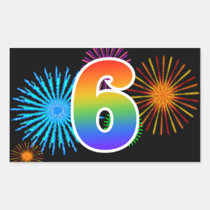 Sticker Rectangulaire Fun Fireworks + Rainbow Motif "6" Numéro d'événeme