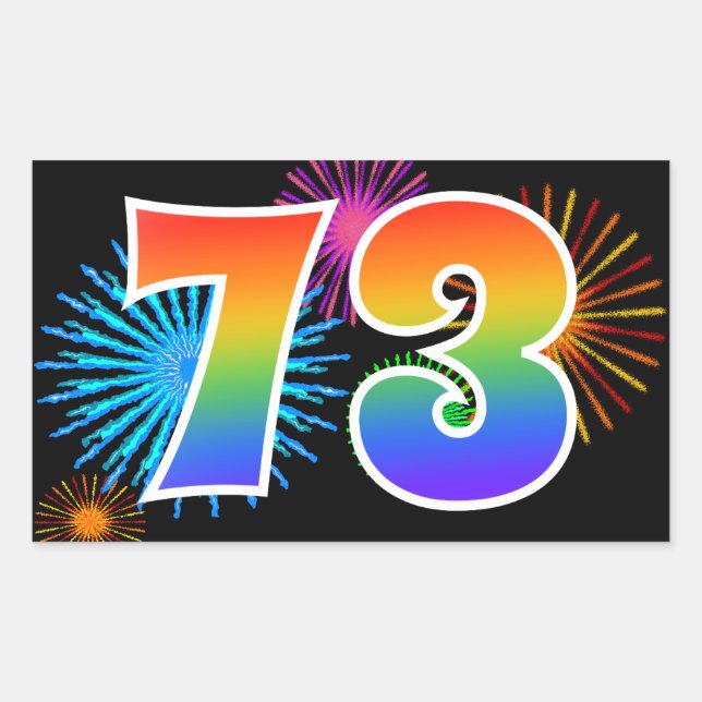 Sticker Rectangulaire Fun Fireworks + Rainbow Motif "73" Numéro d'événem (Devant)