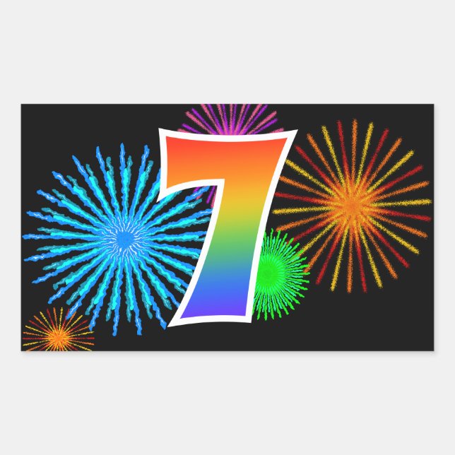 Sticker Rectangulaire Fun Fireworks + Rainbow Motif "7" Numéro d'événeme (Devant)