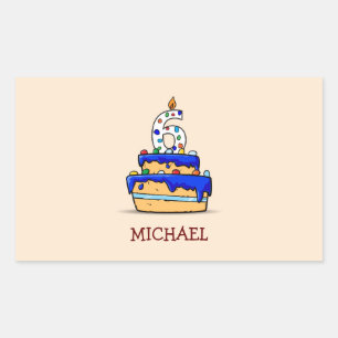 Sticker Rectangulaire Garçon 6e anniversaire, 6 sur Gâteau bleu doux