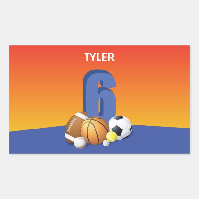 Sticker Rectangulaire Garçon 6e anniversaire Sports Balls (Devant)