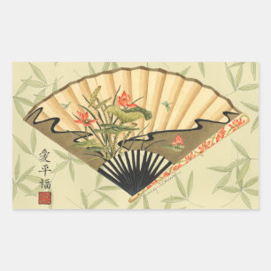 Sticker Rectangulaire Geisha Fan avec Feuille et Floral Print