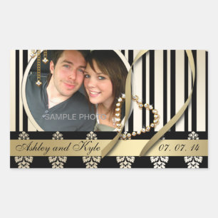 Sticker Rectangulaire Gold Damask Photo Names Enregistrer la date Étique