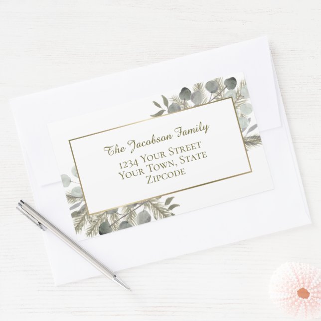 Sticker Rectangulaire Golden Pine & Eucalyptus Holiday Adresse de retour (Enveloppe)