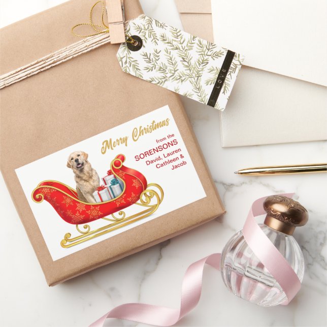 Sticker Rectangulaire Golden Retriever Chien Sleigh de Noël (Cadeaux)