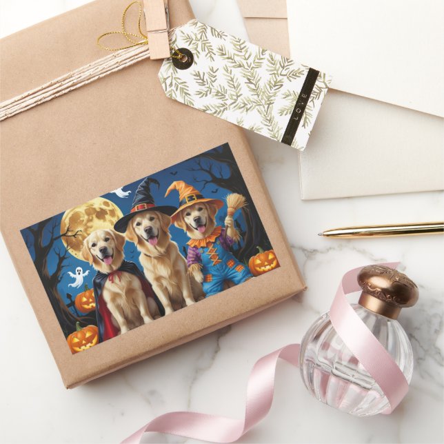 Sticker Rectangulaire Golden Retriever Chiens Citrouille Halloween Funny (Cadeaux)