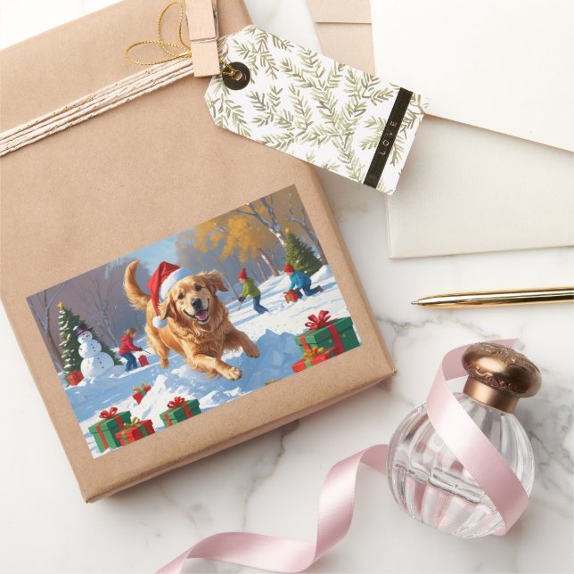 Sticker Rectangulaire Golden Retriever en neige avec Casquette de Noël (Cadeaux)