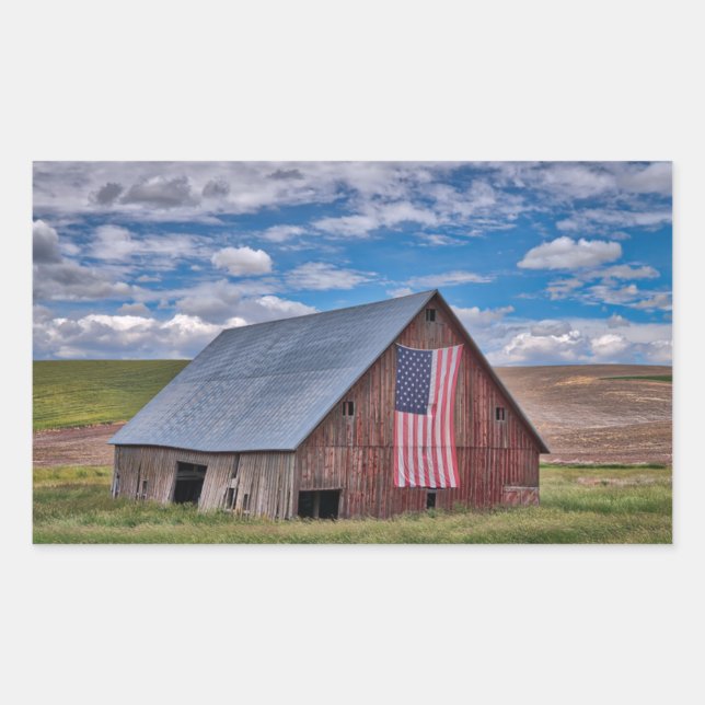 Sticker Rectangulaire Grange avec drapeau américain | Colfax, Washington (Devant)