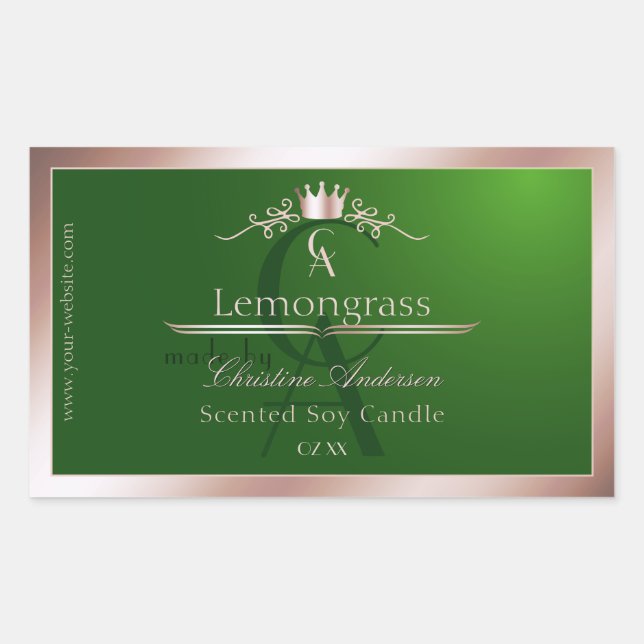 Sticker Rectangulaire Grass Green Product Label Rose Gold Frame Monogram (Devant)