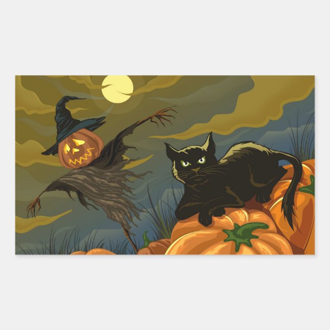 Sticker Rectangulaire Happy Halloween Citrouille Chat noir (Devant)