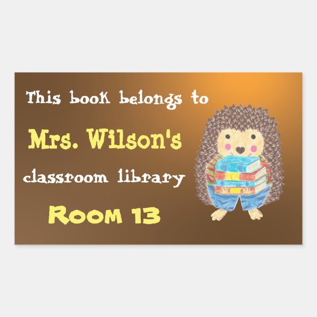 Sticker Rectangulaire Hérisson avec livres Bibliothèque de classe Plaque (Devant)