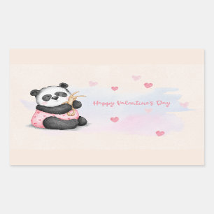 Sticker Rectangulaire Heureuse Sainte-Valentin Aquarelle Coeur Panda Bun