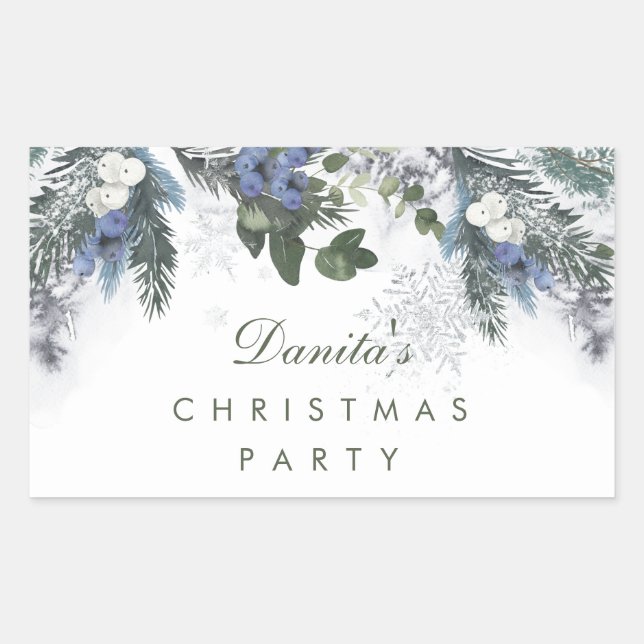 Sticker Rectangulaire Hiver Blanc Bleu Pin de Noël Personnalisé (Devant)