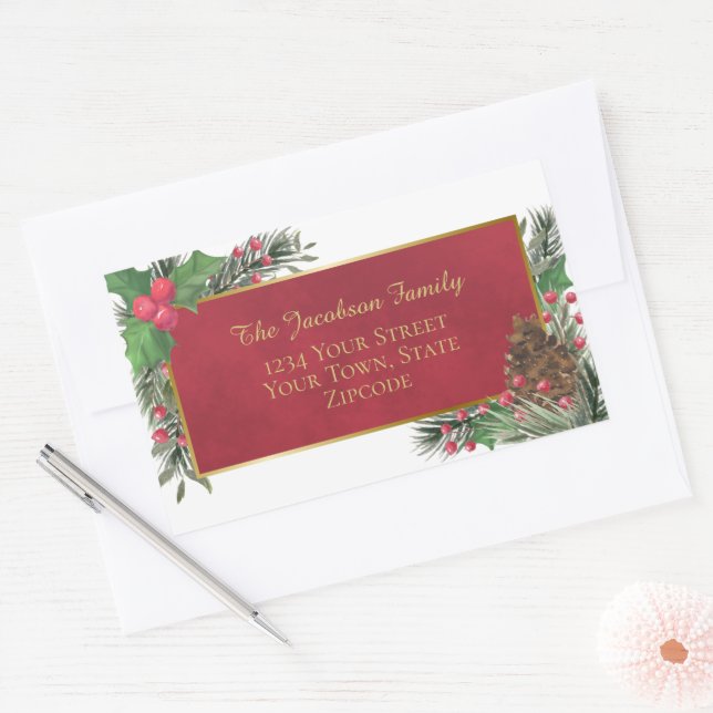 Sticker Rectangulaire Holly & Pine Red & Gold Holiday Adresse de retour (Enveloppe)