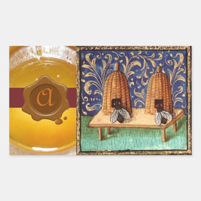 STICKER RECTANGULAIRE HONEY BEE, MONOGRAMME DE SCEAU DE CIRE BROWN (Devant)